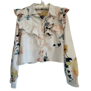 Pilcro Anthropologie Floral Ruffle Denim Shirt Snap Front Cropped L Cowgirl Boho
